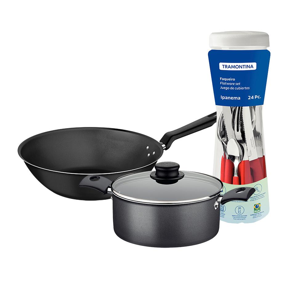Caçarola Turim Alumínio Chumbo Antiaderente 2,8L + Faqueiro Ipanema Vermelho 24pc + Wok Loreto 3,6L