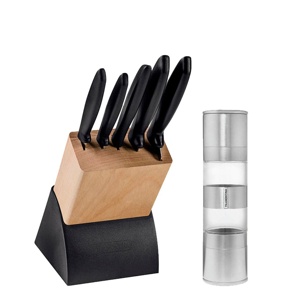 Kit Faqueiro Plenus 6 Peças + 1 Moedor de Sal Ou Pimenta Duplo Em Acrílico e Inox - Tramontina