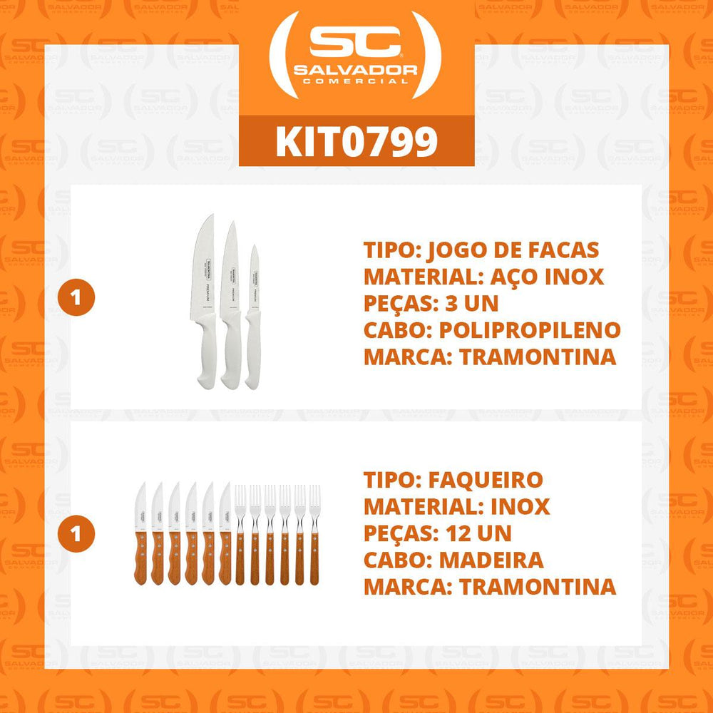 Kit Faqueiro Premium 3 Peças + 1 Jogo de Churrasco 12 Peças Dynamic - Tramontina