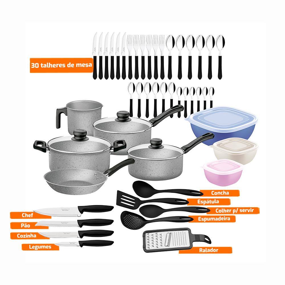 Kit Cozinha 47 Peças Panelas Antiaderentes, Talheres, Facas, Potes e Utensílios Tramontina 20297612