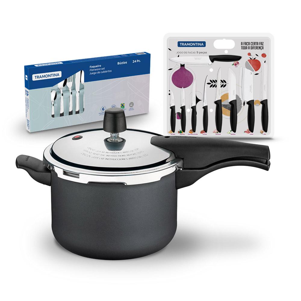 Kit Panela de Pressão 4,5 Grafite + 1 Conjunto Facas 9pç + 1 Faqueiro Inox 24pç - Tramontina