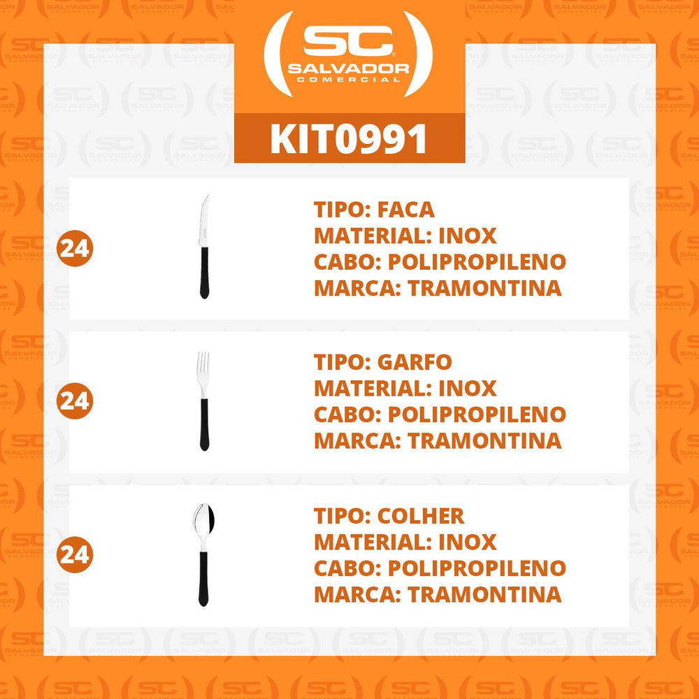KIT - Jogo de Facas, Garfos e Colheres Leme 72 Peças em Aço Inox Cabo Preto PBAG - Tramontina