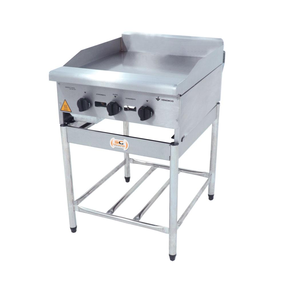 Chapa Americana Profissional 60cm a Gás 8mm Lisa Inox Com Pé CGP60 - Venâncio