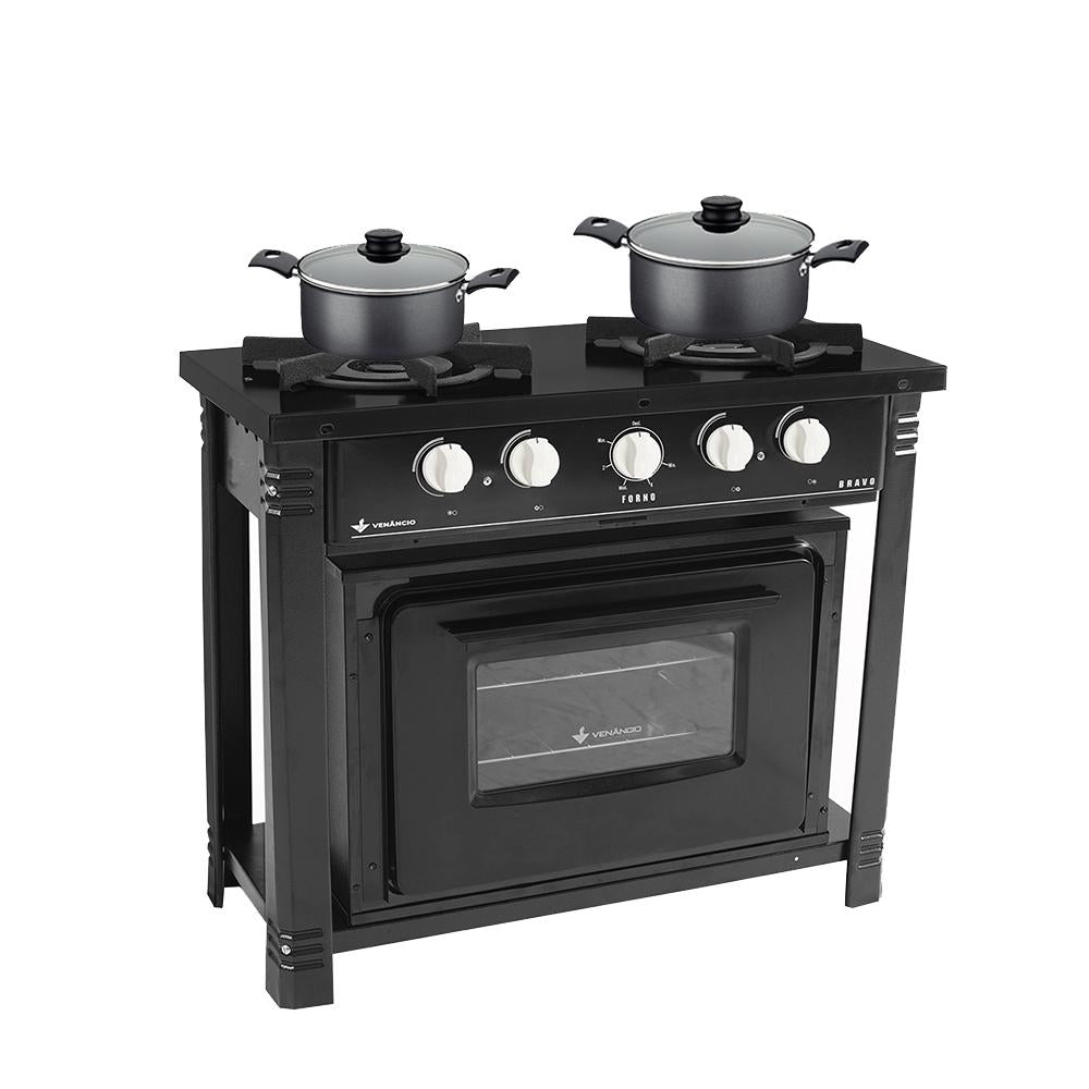Fogão Industrial 2 Bocas com Forno Bravo Preto Venâncio + 2 Caçarolas Tramontina Turim