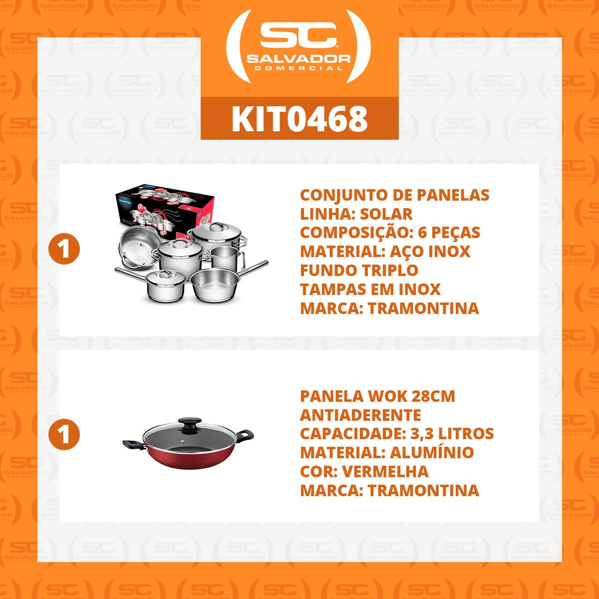 Kit - Jogo de Panelas Solar 6pçs Inox + Panela Wok Alumínio Loreto 28cm Vermelha - Tramontina