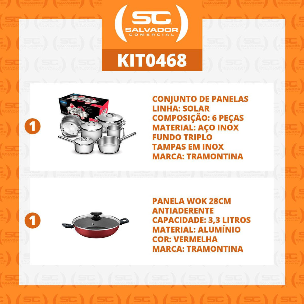 Kit - Jogo de Panelas Solar 6pçs Inox + Panela Wok Alumínio Loreto 28cm Vermelha - Tramontina
