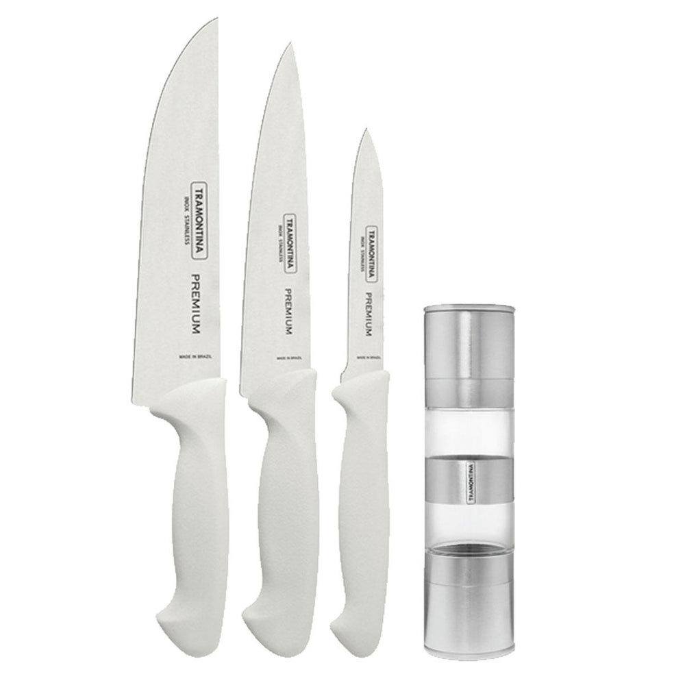 Kit Faqueiro Premium 3 Peças + 1 Moedor de Sal Ou Pimenta Duplo Em Acrílico e Inox - Tramontina