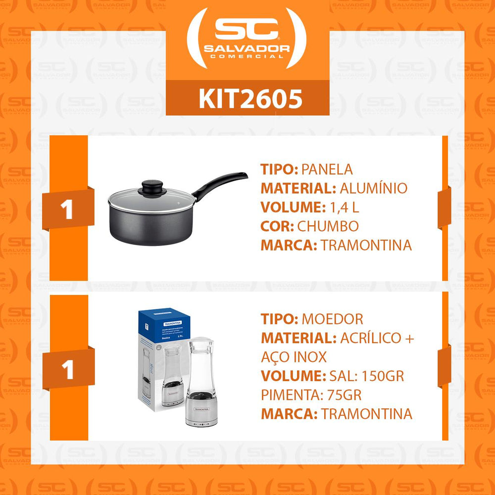 Panela Turim Alumínio Antiaderente 18cm 1,4l Ptc + Moedor de Sal e Pimenta Grande - Tramontina