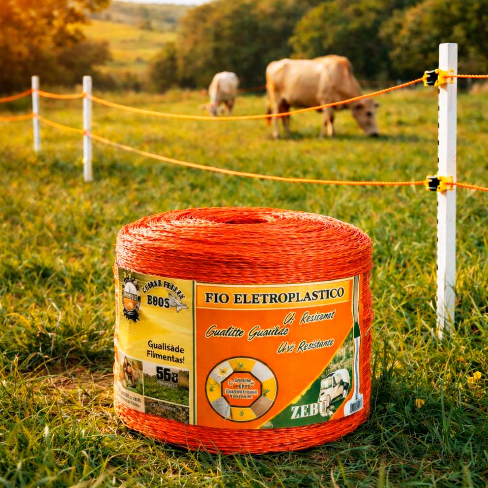 Fio Eletroplástico Rolo 1000m Laranja Leve 2mm Cercas Elétricas EP1000 + 200 Roldanas 24mm - Zebu