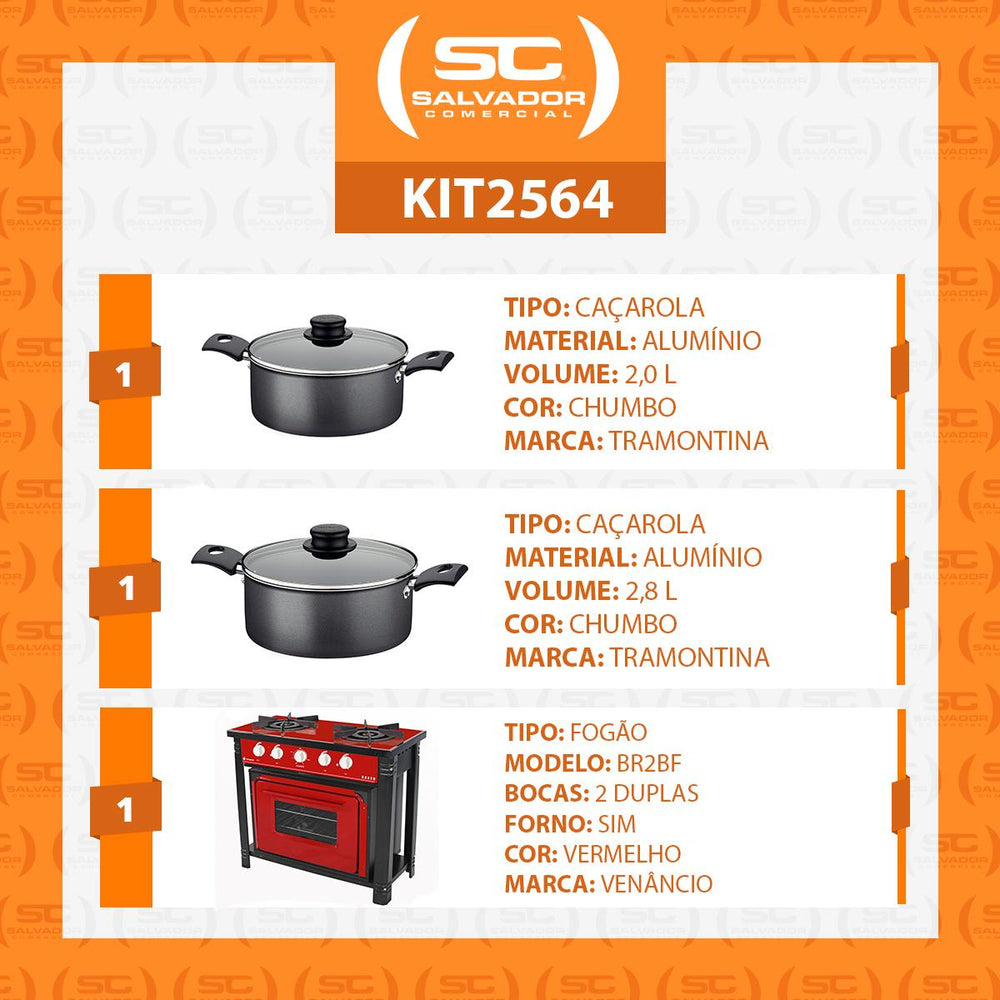 Kit Fogão Industrial 2 Bocas com Forno Bravo Vermelho Venâncio + 2 Caçarolas Tramontina Turim