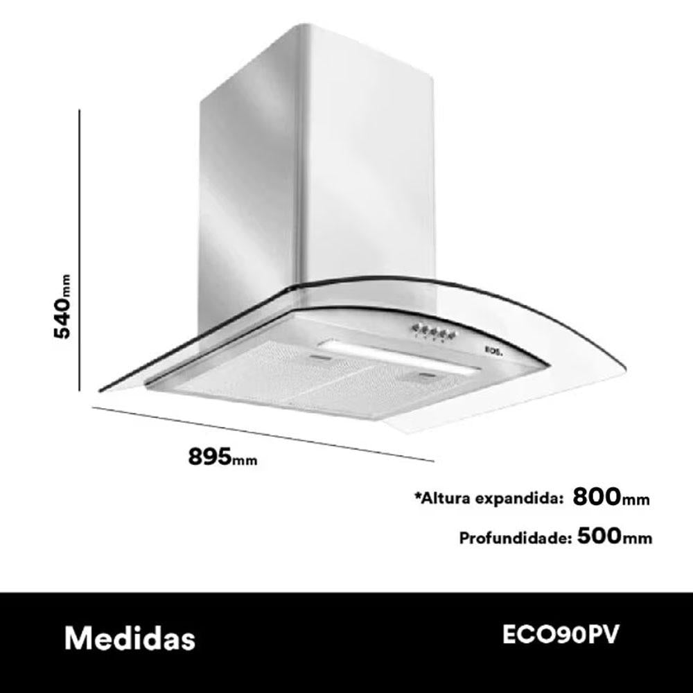Coifa e Depurador de Parede Inox Com Vidro Curvo 90cm Eco90pv 220v - Eos B163422