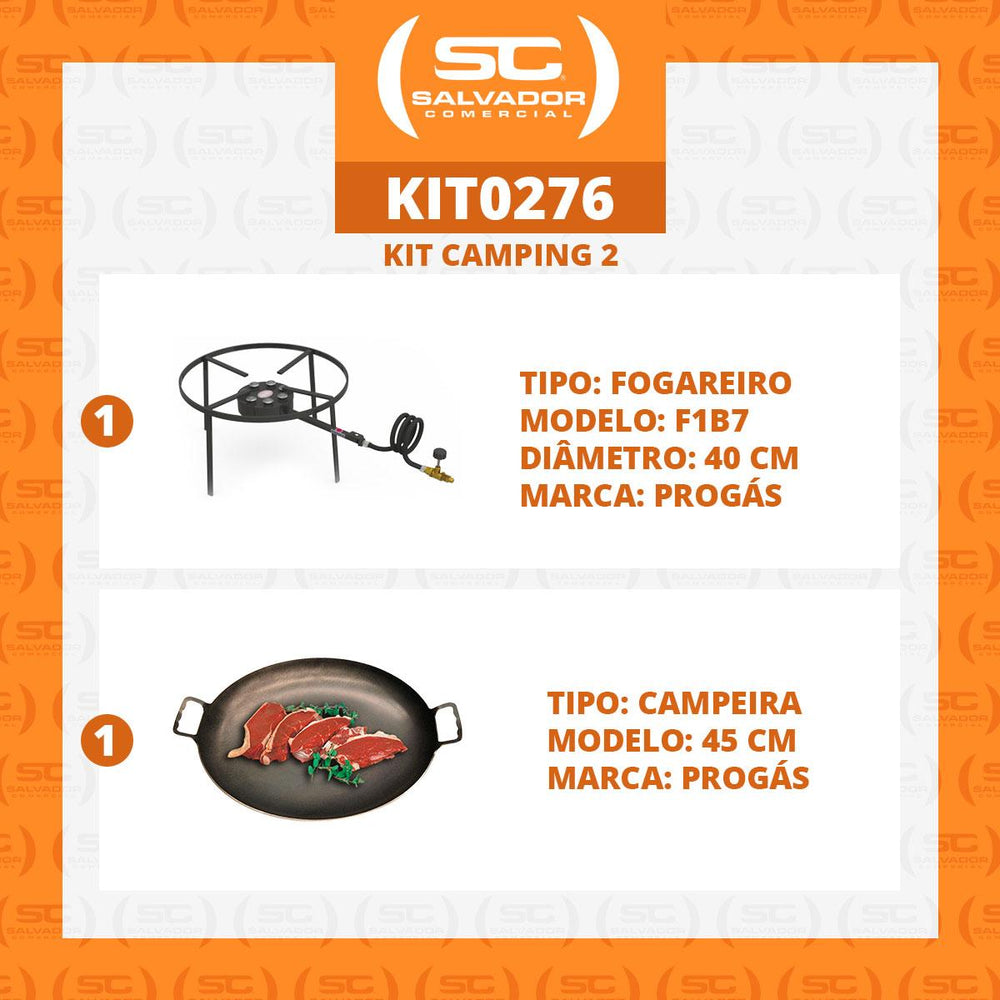 Kit Camping 2 - Fogareiro Fogão F1B7 Redondo 40cm + Chapa Campeira 45cm - Progás
