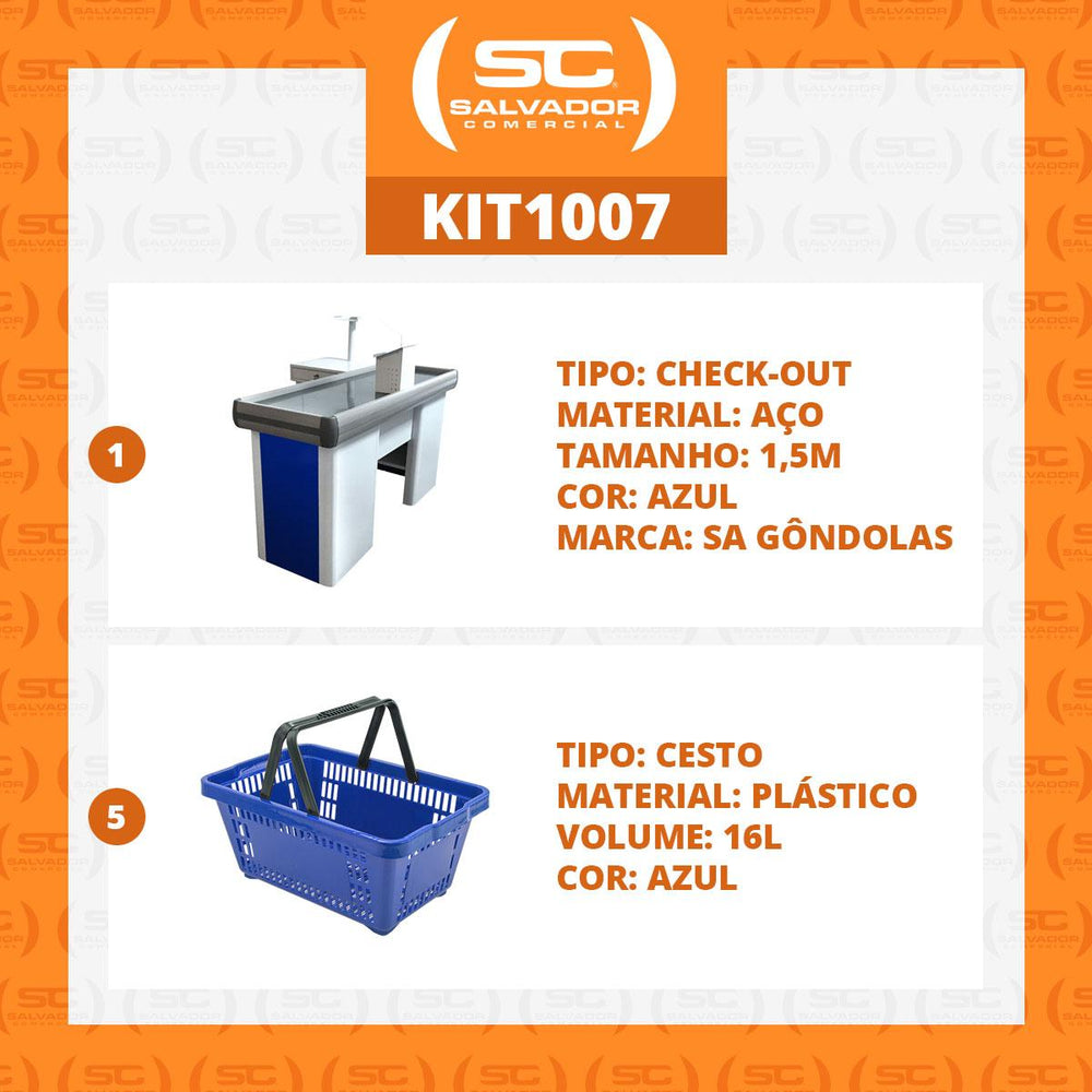 Kit Caixa De Supermercado Empacotador Check-Out 1,50m Recorte + 5 Cestos De Compras Azul