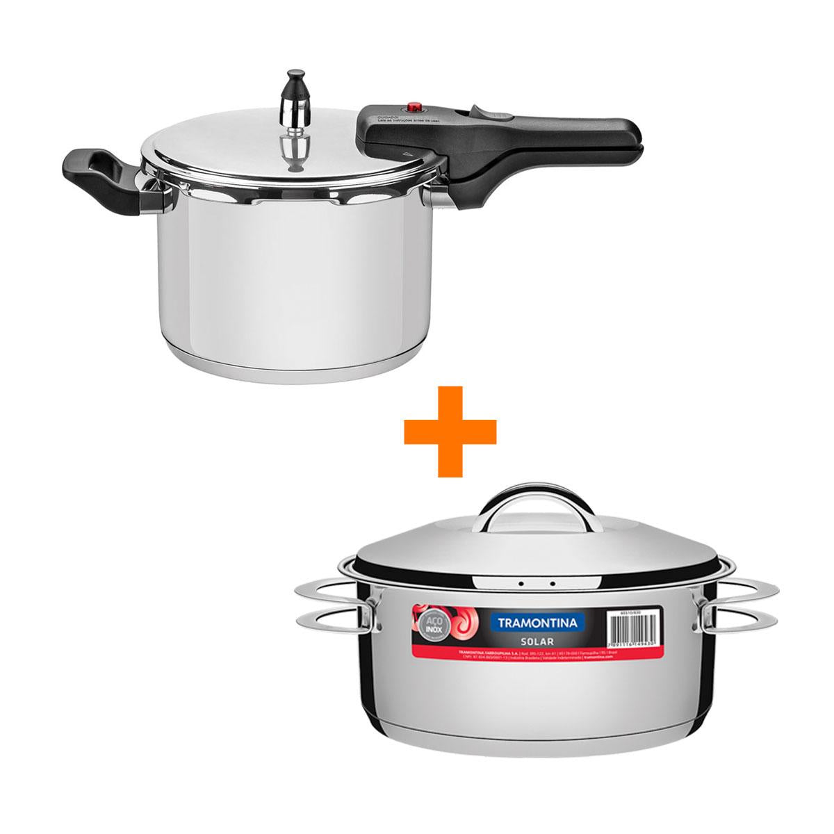 Kit - Panela de Pressão Inox 4,5l Brava + Panela Inox Fundo Triplo 4,7l - Tramontina