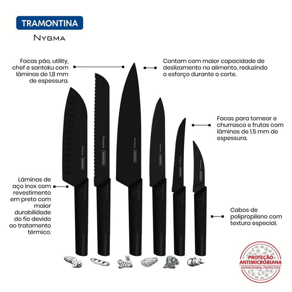 Jogo de Facas Nygma Lâminas em Aço Inox Texturizados Preto 6 Peças - Tramontina