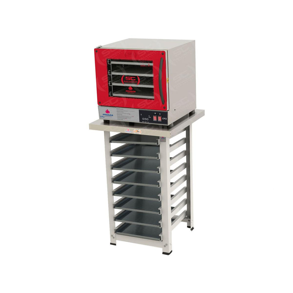 Kit Forno Turbo Elétrico PRP-004 Plus 220V Vermelho + Bancada MES-004 + 8 Assadeiras - Progás