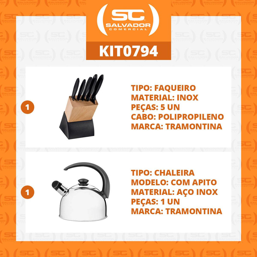 Kit Faqueiro Plenus 6 Peças + 1 Chaleira Em Aço Inox 2,1 Lts Com Apito - Tramontina