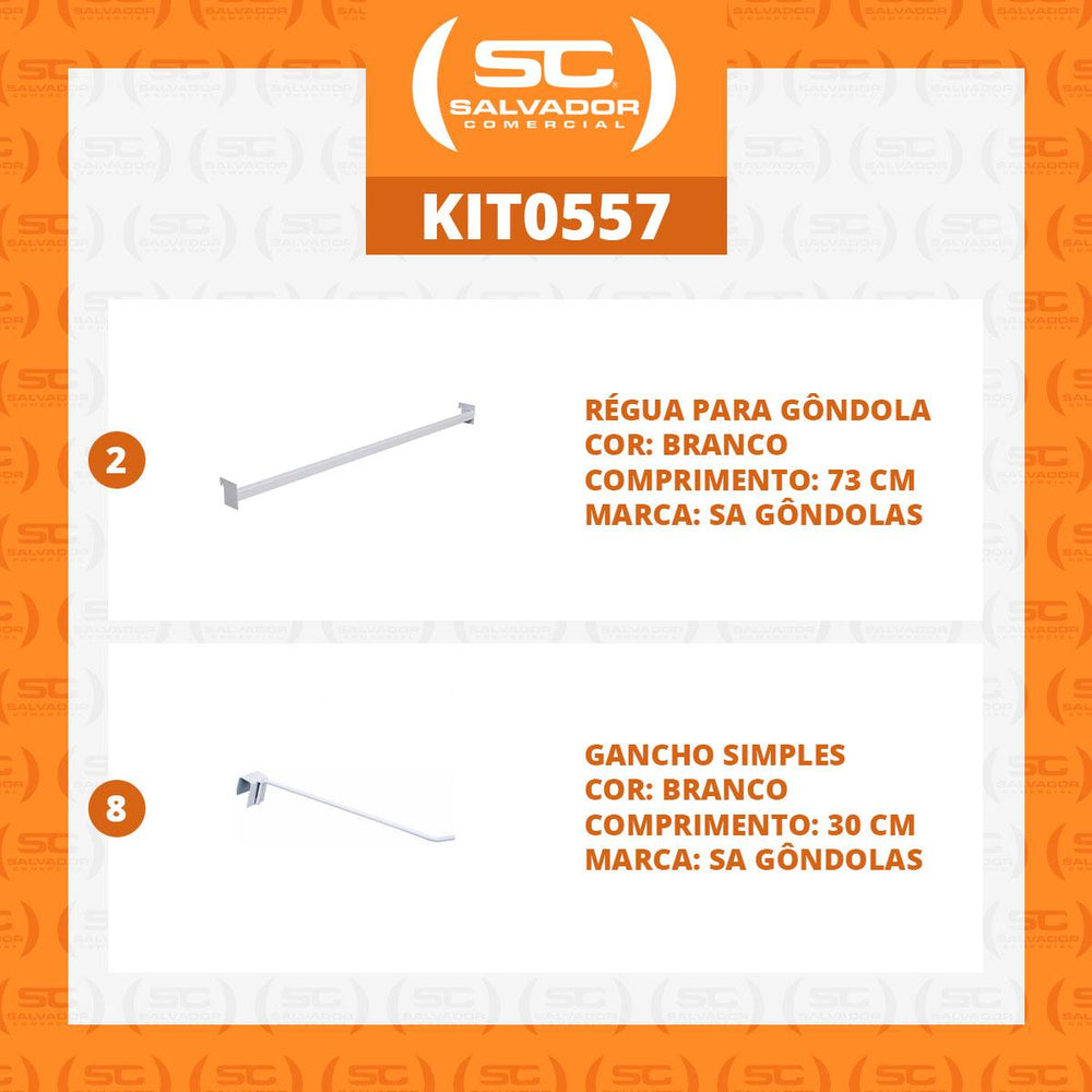 Kit 2 Réguas 73cm Para Gôndola + 8 Ganchos 30cm Branco New Plus – SA Gôndolas