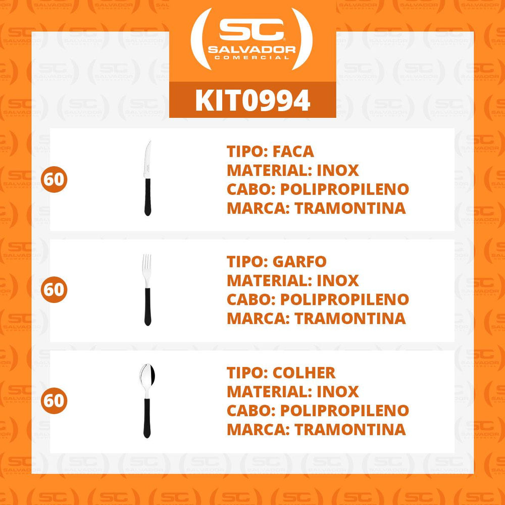 KIT - Jogo de Facas, Garfos e Colheres Leme 180 Peças em Aço Inox Cabo Preto PBAG - Tramontina