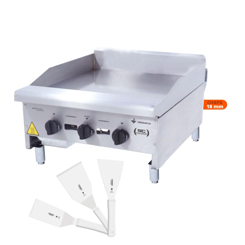 Chapa Americana Profissional 60cm a Gás 18mm Lisa Inox Cg60 e Conjunto de Espátulas - Venâncio