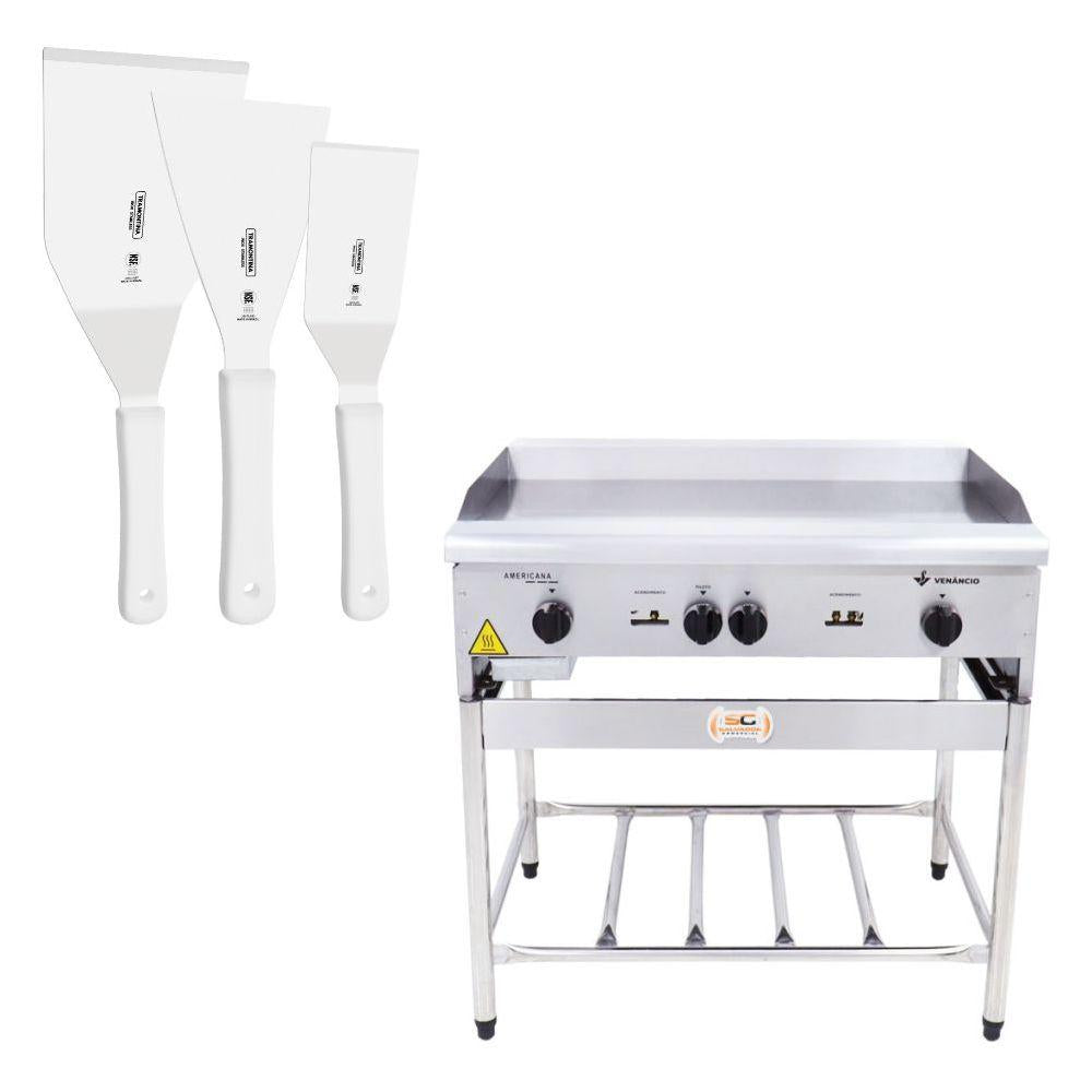 Chapa Americana Profissional 90cm a Gás 18mm Lisa Inox Com Pé Cgp90 e Espátulas - Venâncio