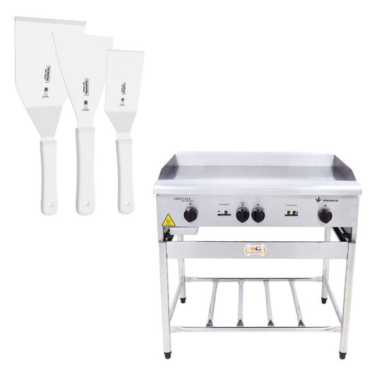 Chapa Americana Profissional 90cm a Gás 18mm Lisa Inox Com Pé Cgp90 e Espátulas - Venâncio