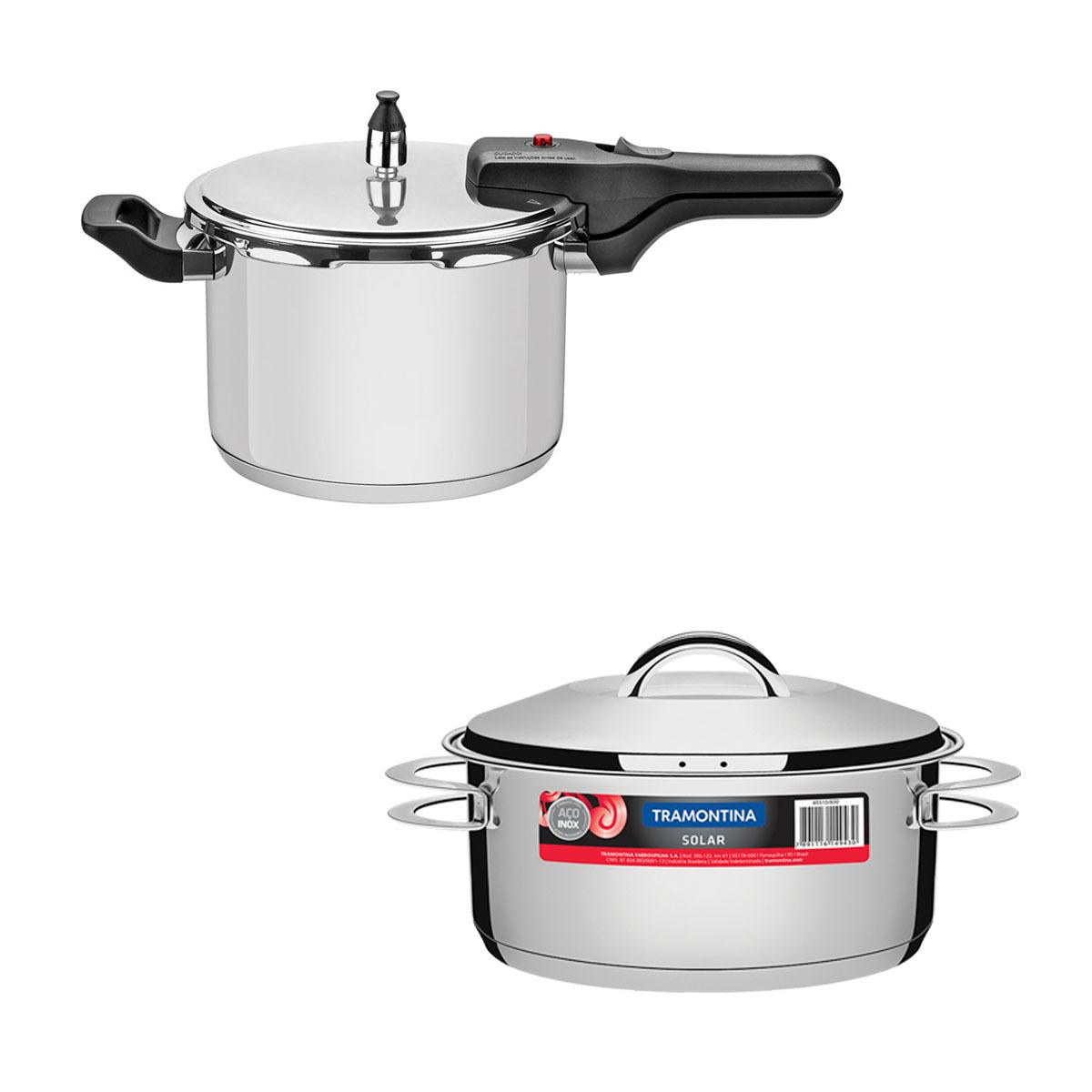 Kit - Panela de Pressão Inox 4,5l Brava + Panela Inox Fundo Triplo 4,7l - Tramontina