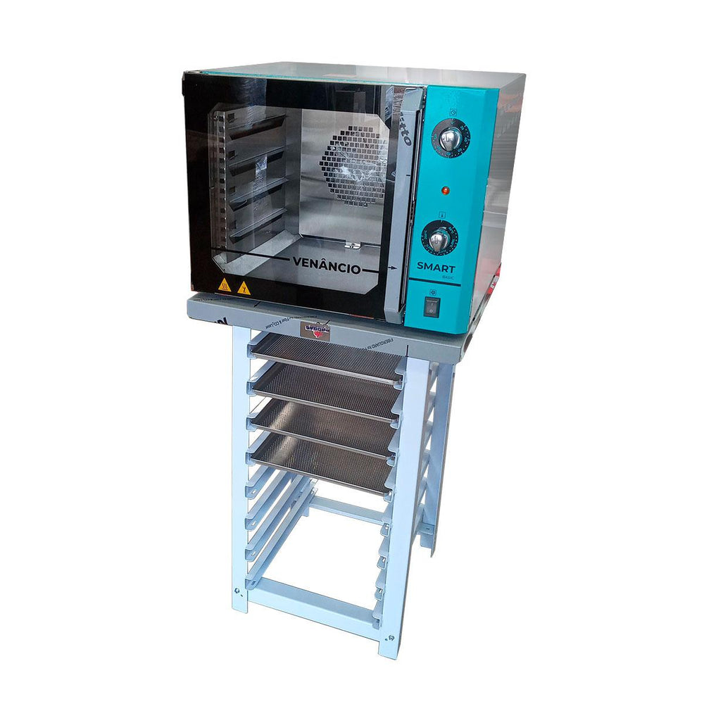 Kit Forno Turbo Convector Smart Basic. Inox e Turquesa FCSB4E 220V + Bancada MES-004 + 4 Assadeiras - Venâncio