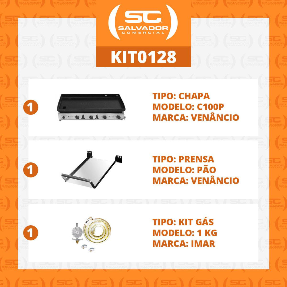Kit - Chapa Bifeteira A Gás Lisa 100cm Comercial Aço Carbono C100P 6,35mm C/Prensa + Kit Gás - Venâncio