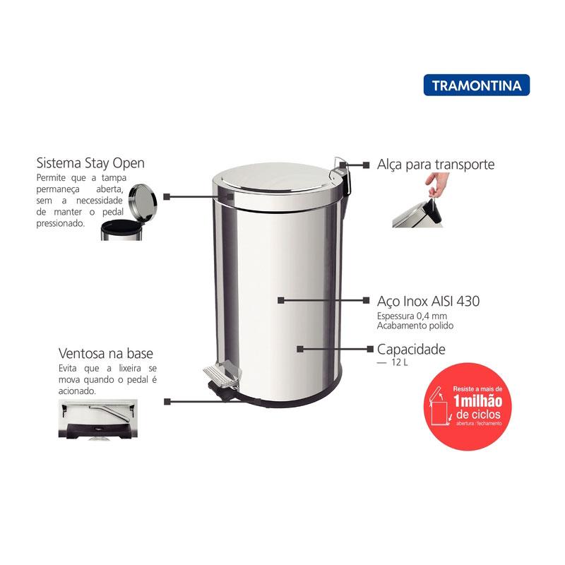 Lixeira Inox Polido Prime Brasil com Pedal 12 Litros Balde Interno Removível - Tramontina 94538112