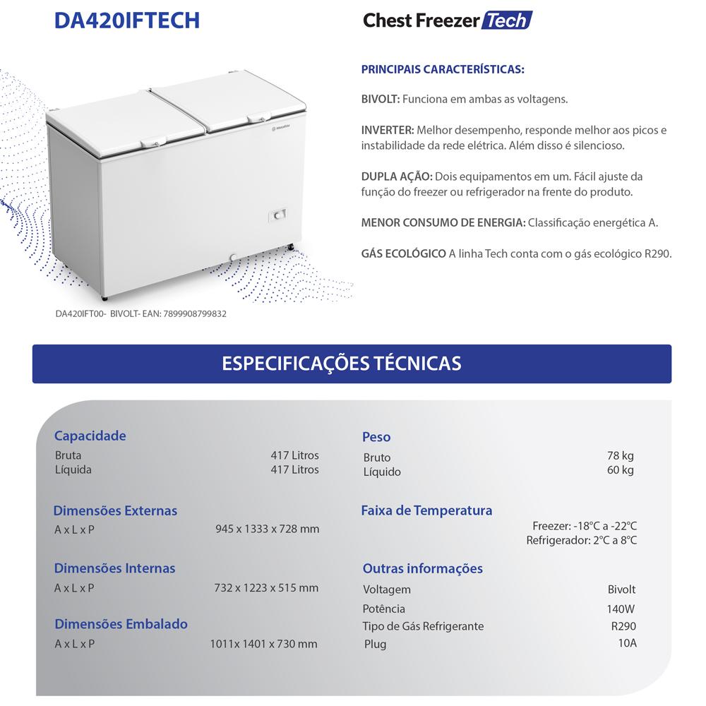 Freezer Refrigerador Inverter Horizontal Dupla Ação +8 a -22ºc 417l Da420if Tech Bivolt - Metalfrio