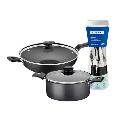 Caçarola Turim Alumínio Chumbo Antiaderente 2,8L + Faqueiro Ipanema 24pc + Wok Loreto 3,3L