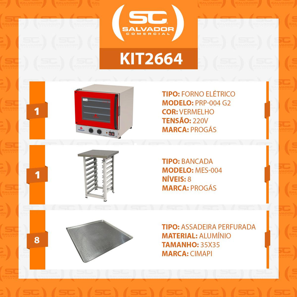 Kit Forno Turbo Elétrico PRP-004 G2 220V Vermelho + Bancada MES-004 Progás + 8 Assadeiras Cimapi