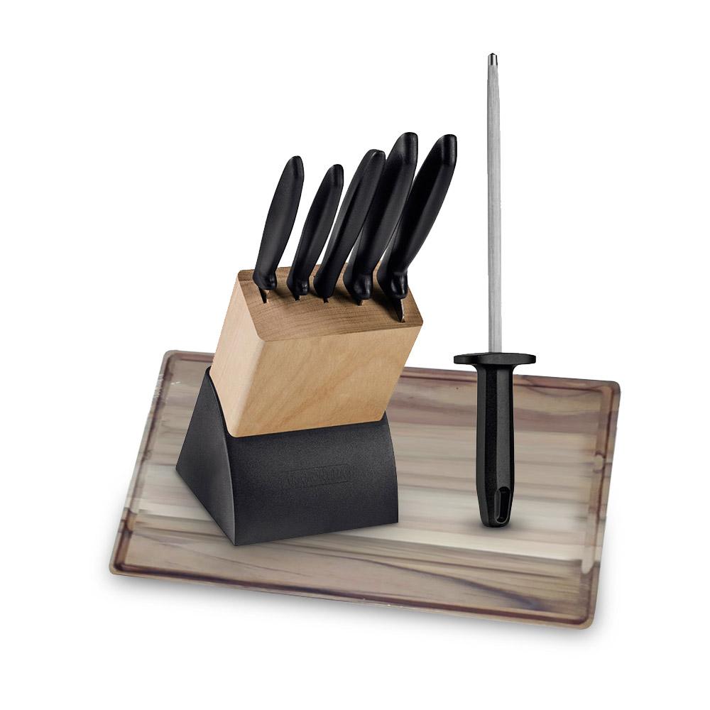 Kit Faqueiro Plenus 6 Peças + Tábua Para Churrasco 40x28 + Chaira 8 Pol - Tramontina