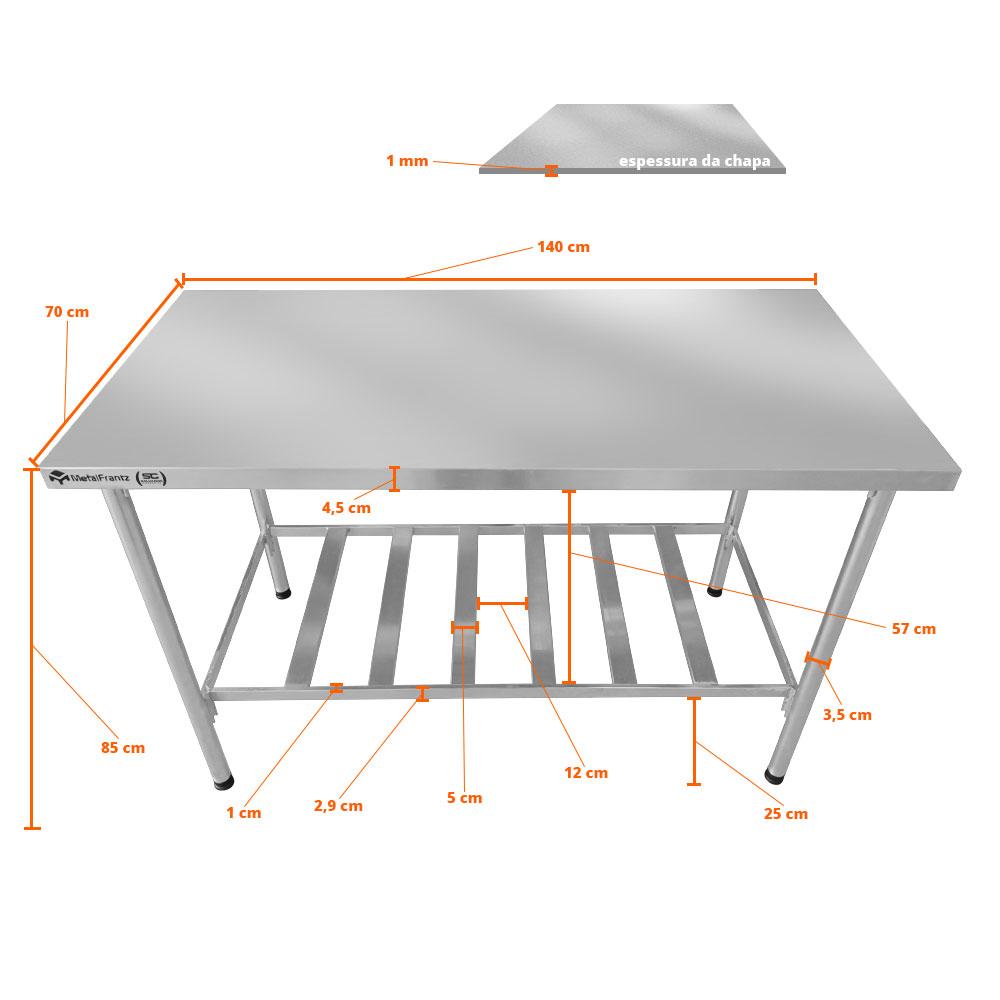 Bancada Mesa Multiuso Reforçada 140 x 70 Total Inox 430 Desmontável - Metal Frantz