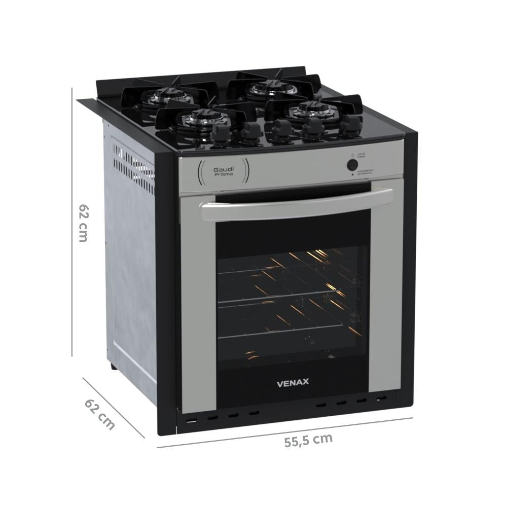 Fogão de Embutir 4 Bocas Gaudi Prisma Vitreo BL Inox Gás GLP Forno GDPMV450 - Venax 25373