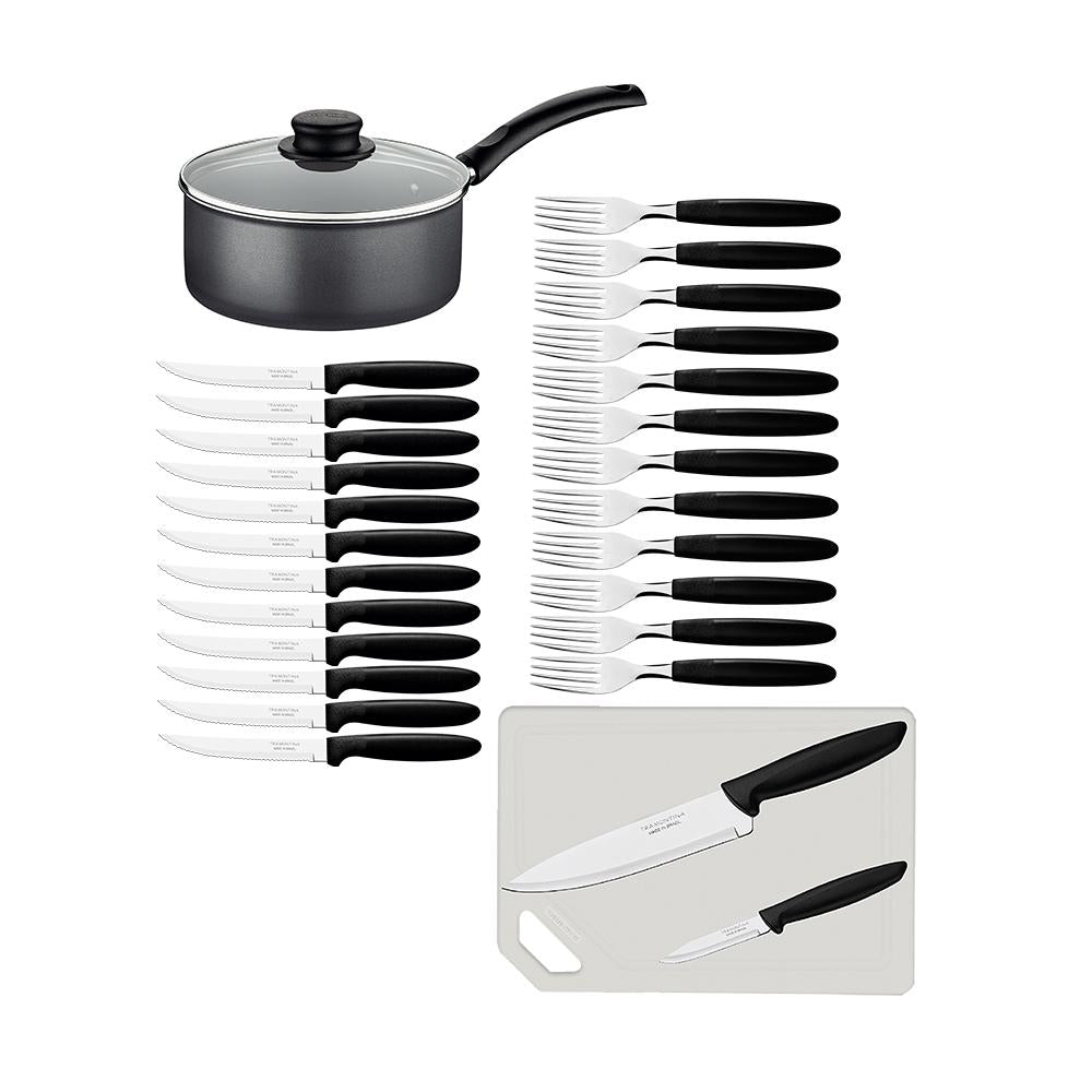 Panela Turim Alumínio Chumbo Antiaderente 1,4l + Cojunto Ipanema 24pc + Tábua e Facas - Tramontina