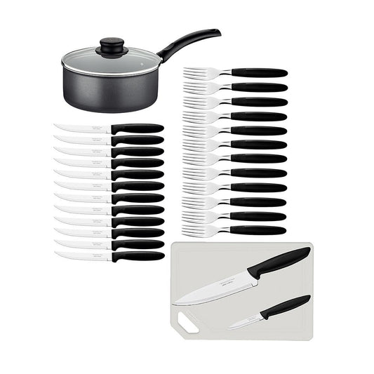 Panela Turim Alumínio Chumbo Antiaderente 1,4l + Cojunto Ipanema 24pc + Tábua e Facas - Tramontina
