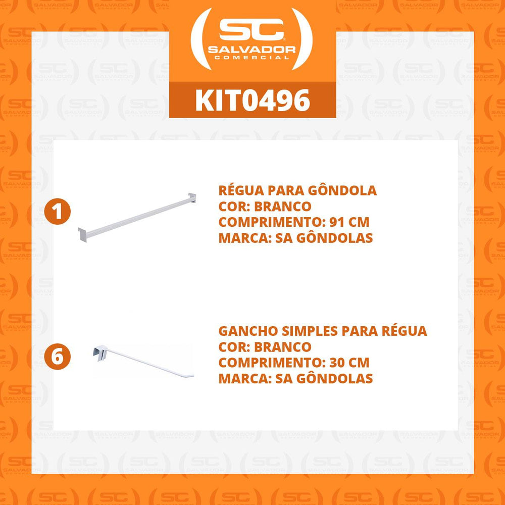 Kit Régua Para Gondola 91cm + 6 Ganchos Simples Para Gôndolas New Plus - SA Gôndolas