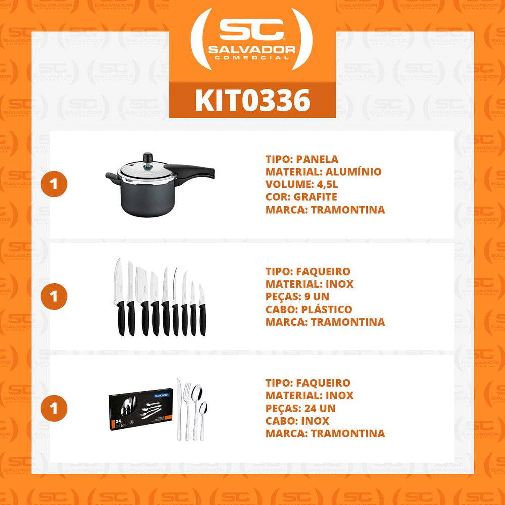Kit Panela de Pressão 4,5 Grafite + 1 Conjunto Facas 9pç + 1 Faqueiro Inox 24pç - Tramontina