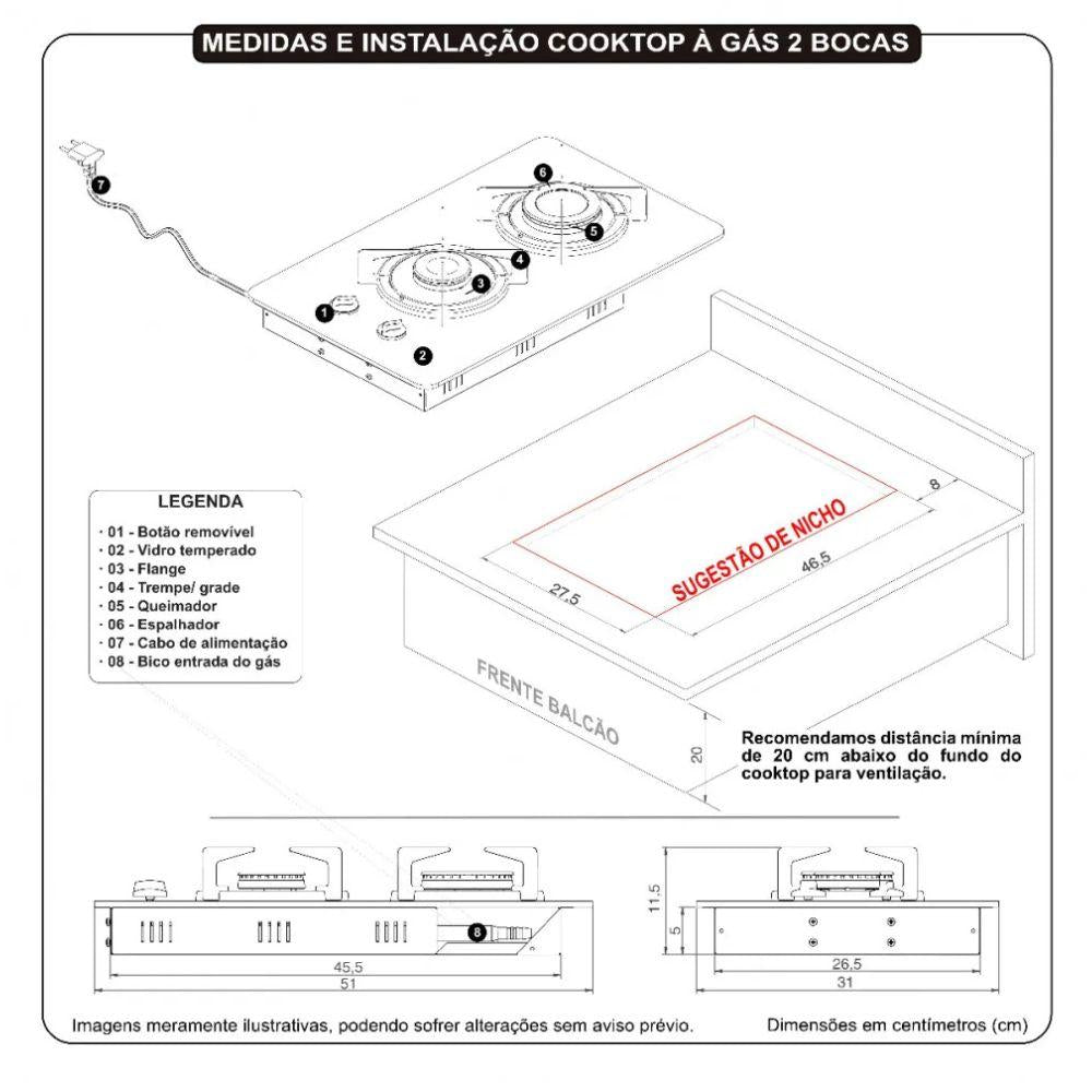 Fogão Cooktop Vidro Gás 2 Bocas Simples Safe Ferro Flange Inox Safe2 Bivolt - Nardelli 27011201-00