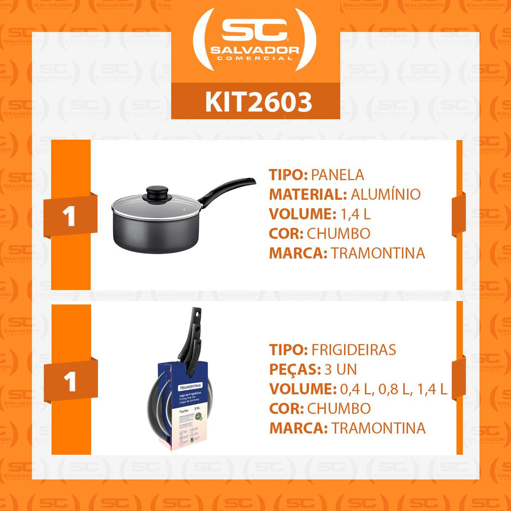 Panela Turim Alumínio Chumbo Antiaderente 18cm 1,4l Ptc + Jogo de Frigideiras - Tramontina