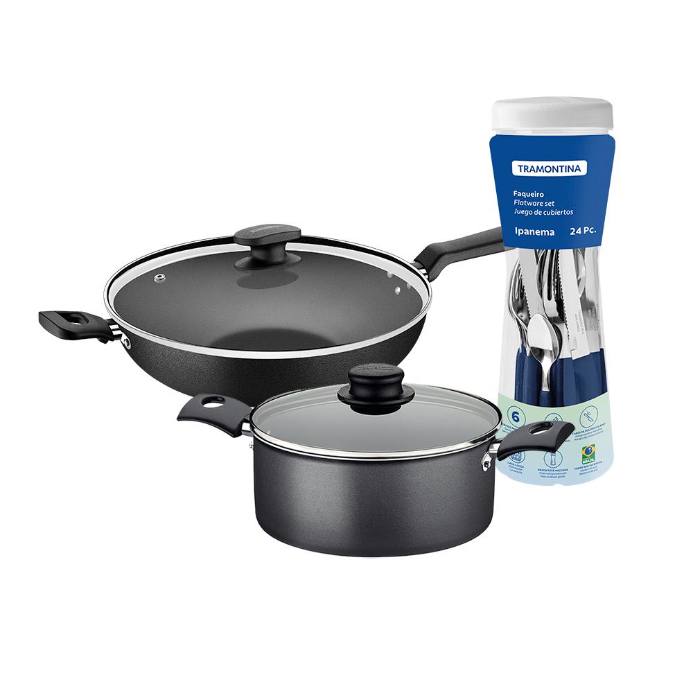 Caçarola Turim Alumínio Chumbo Antiaderente 2,8L + Faqueiro Ipanema Azul 24pc + Wok Loreto 3,3L