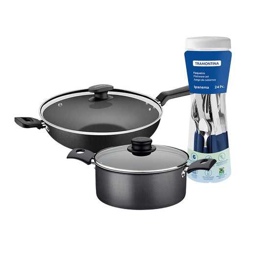 Caçarola Turim Alumínio Chumbo Antiaderente 2,8L + Faqueiro Ipanema Azul 24pc + Wok Loreto 3,3L