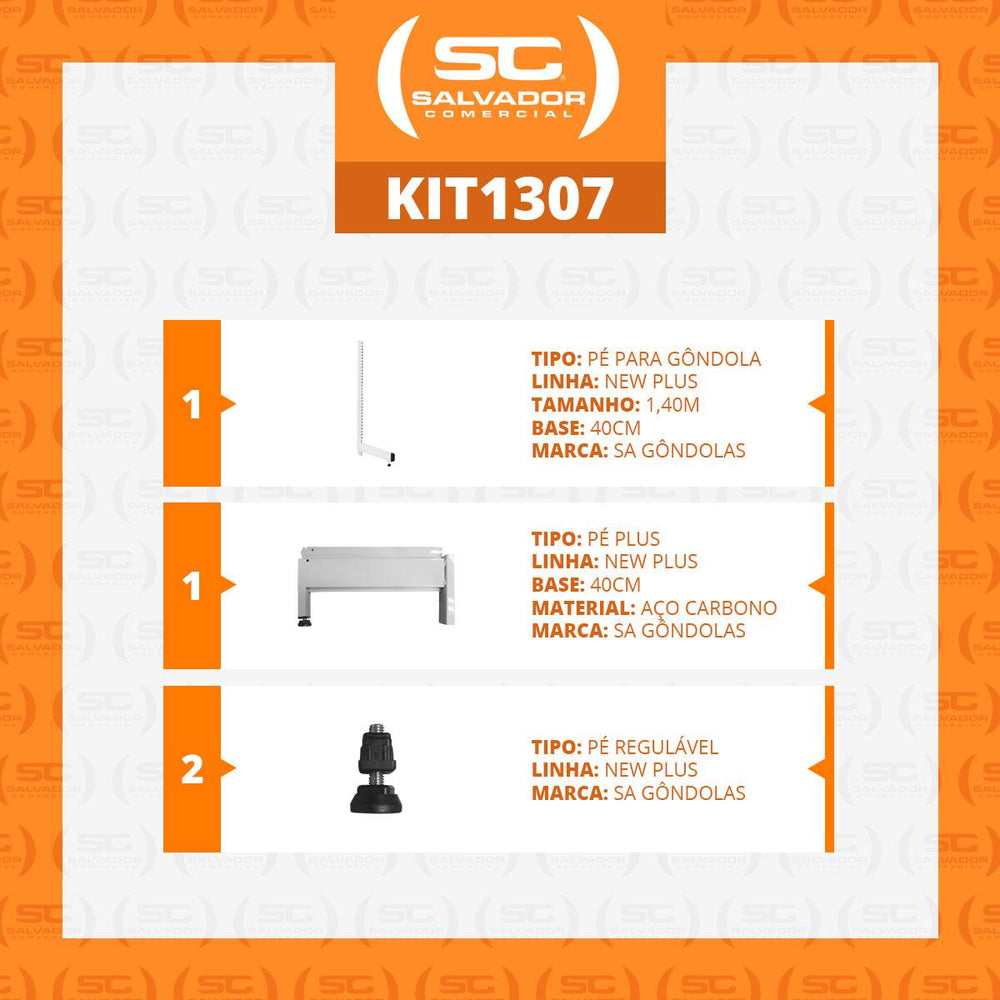 Conjunto Pé Central Coluna Para Gôndolas New Plus 1,40m Base 40cm - Sa Gôndolas