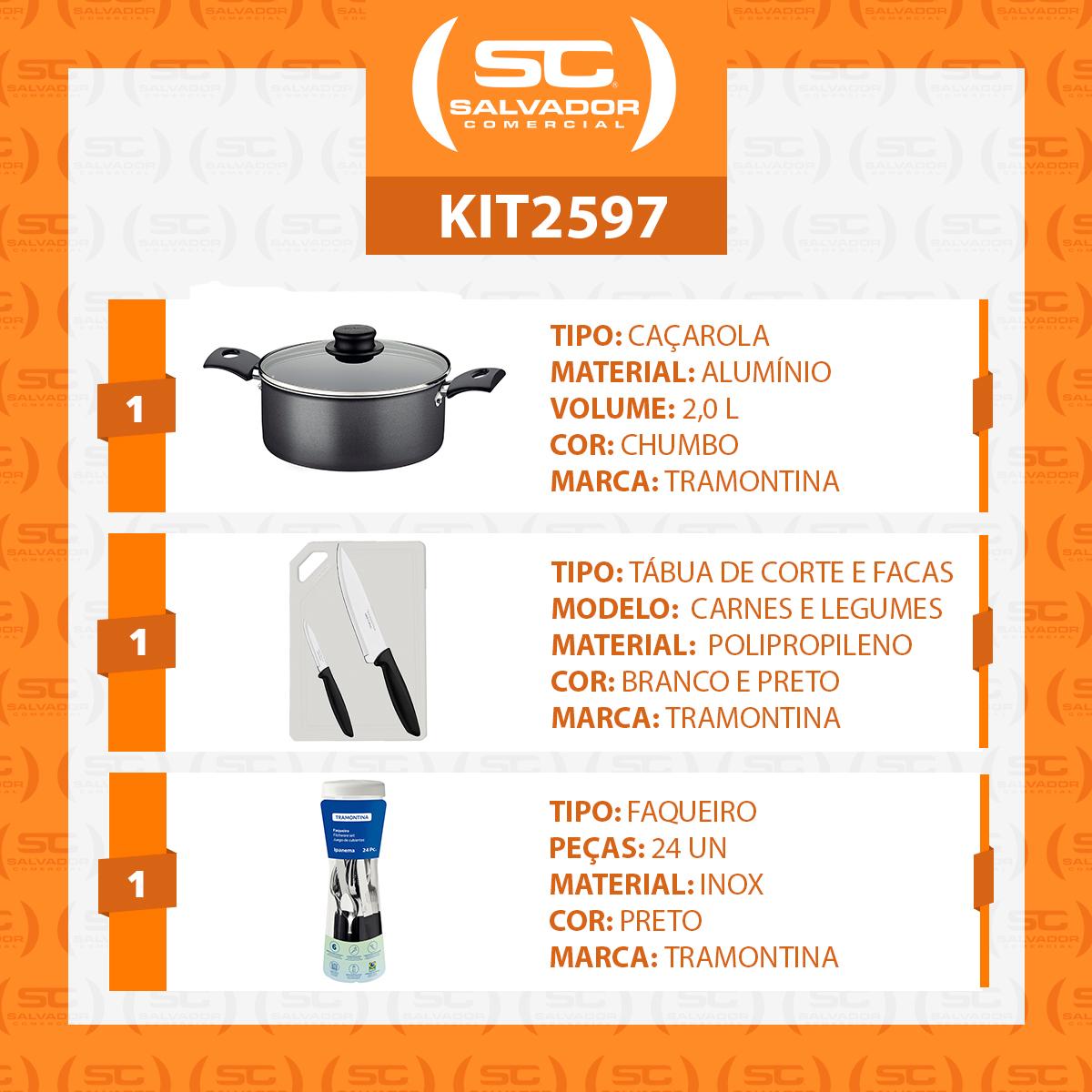 Caçarola Turim Alumínio Chumbo Antiaderente 2,0l + Faqueiro Ipanema 24pc + Tábua e Facas - Tramontina