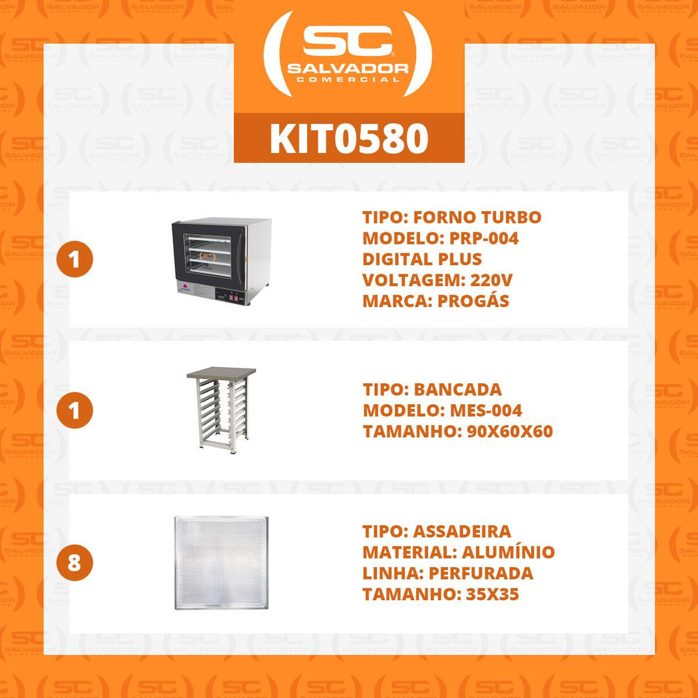 Kit Forno Turbo Elétrico PRP-004 Plus 220V Preto + Bancada MES-004 + 8 Assadeiras - Progás