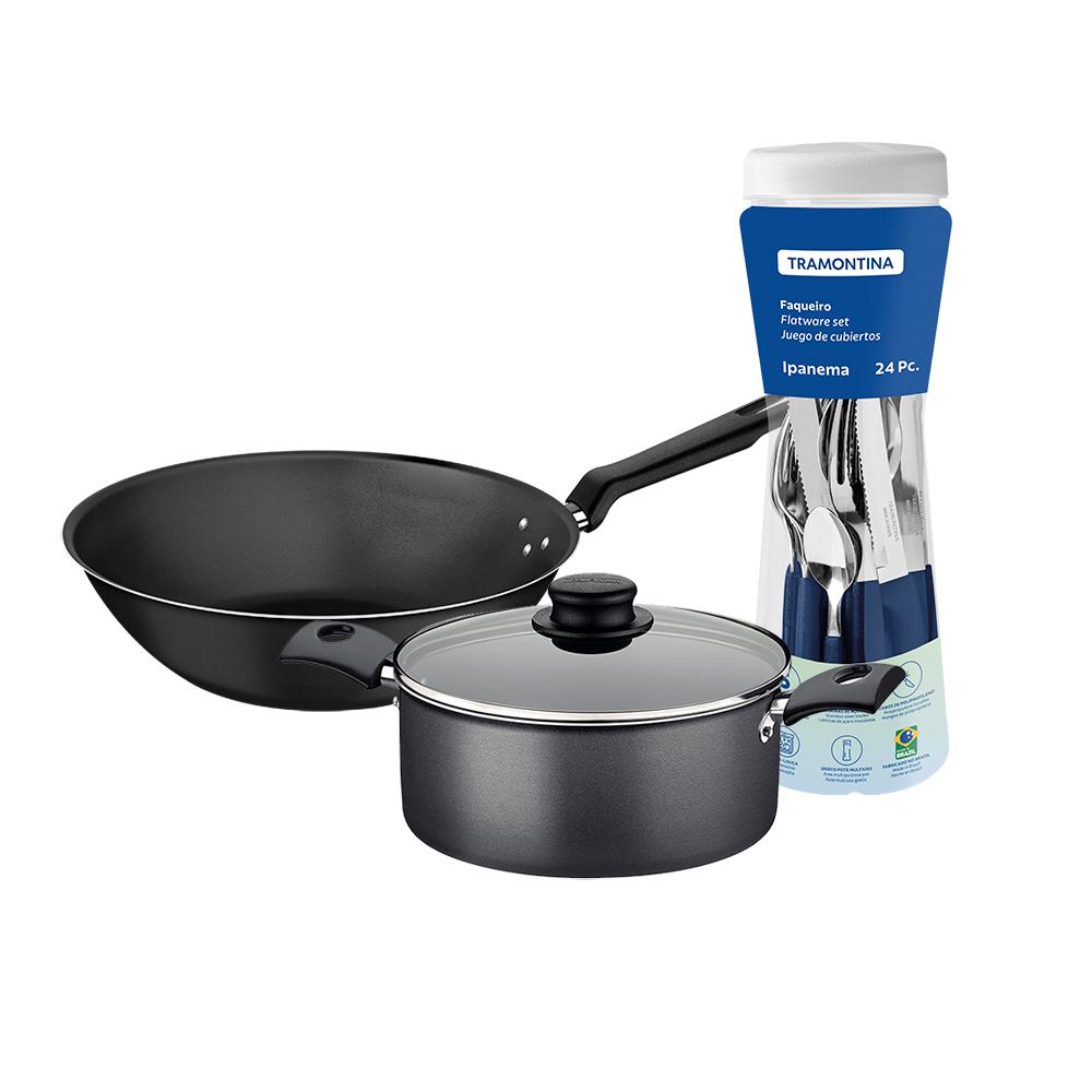 Caçarola Turim Alumínio Chumbo Antiaderente 2,8L + Faqueiro Ipanema Azul 24pc + Wok Loreto 3,6L