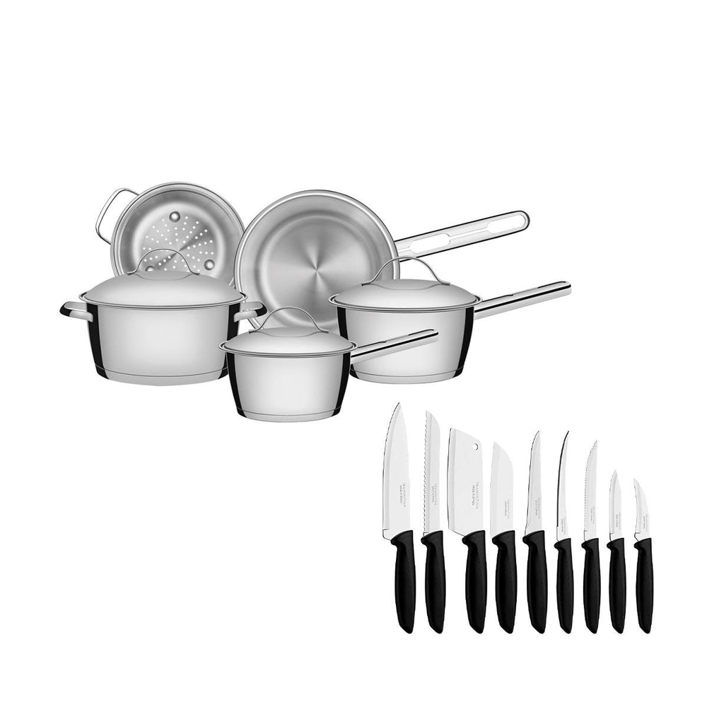 Kit Jogo de Panelas Allegra 5 Pçs Inox + Jogo de Facas Plenus 9pçs - Tramontina