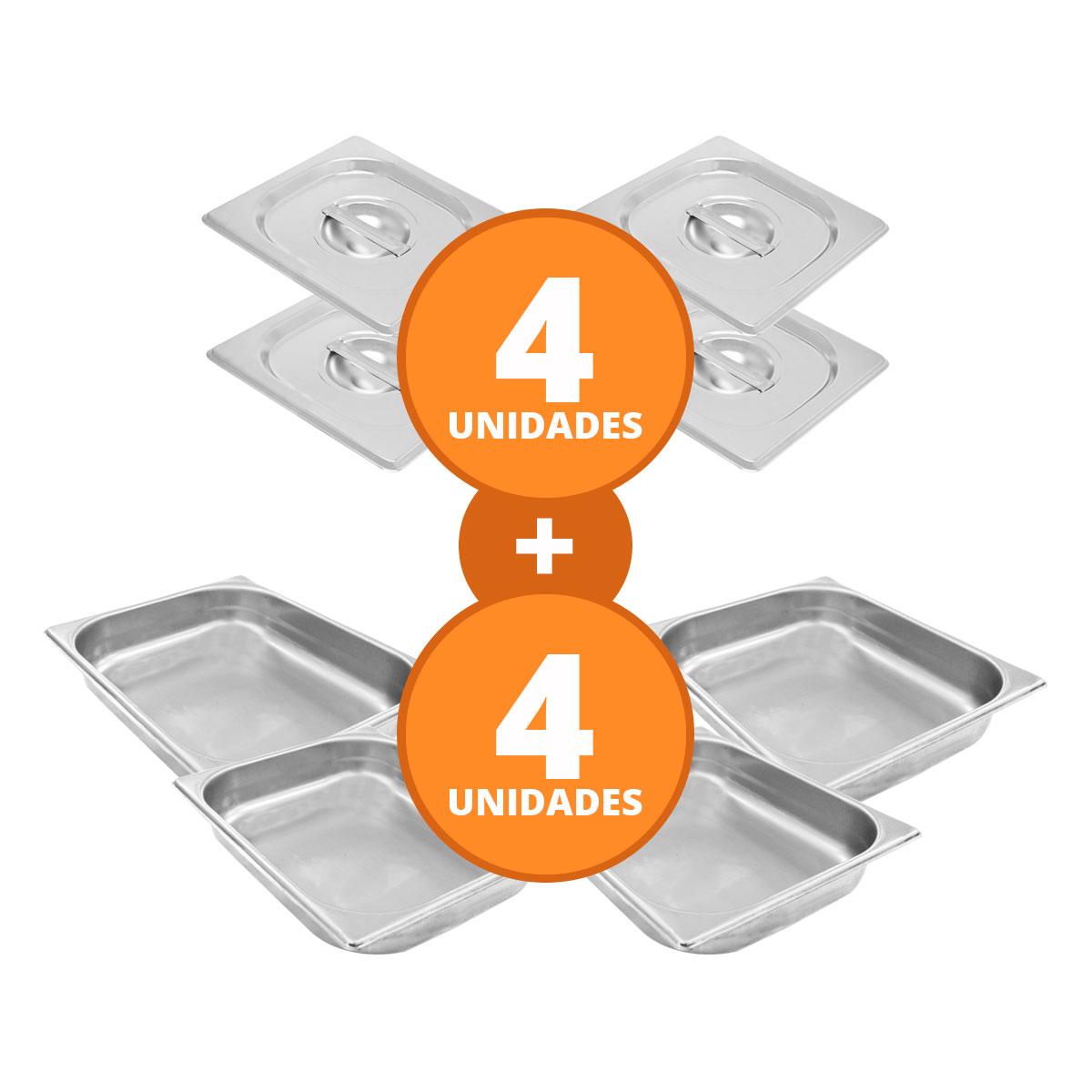 Kit - 4 Cuba Inox Gn 1/2 Fria 325x265x60 + 4 Tampas - Venâncio